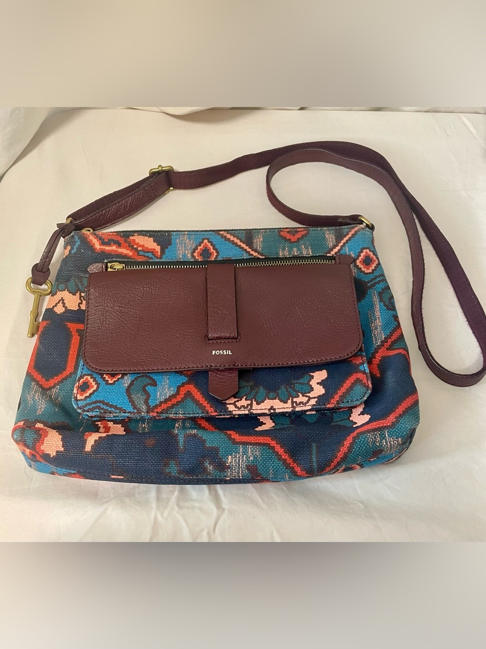 Fossil Kinley Teal Multicolor Patterned Crossbody with Brown Leather Flap